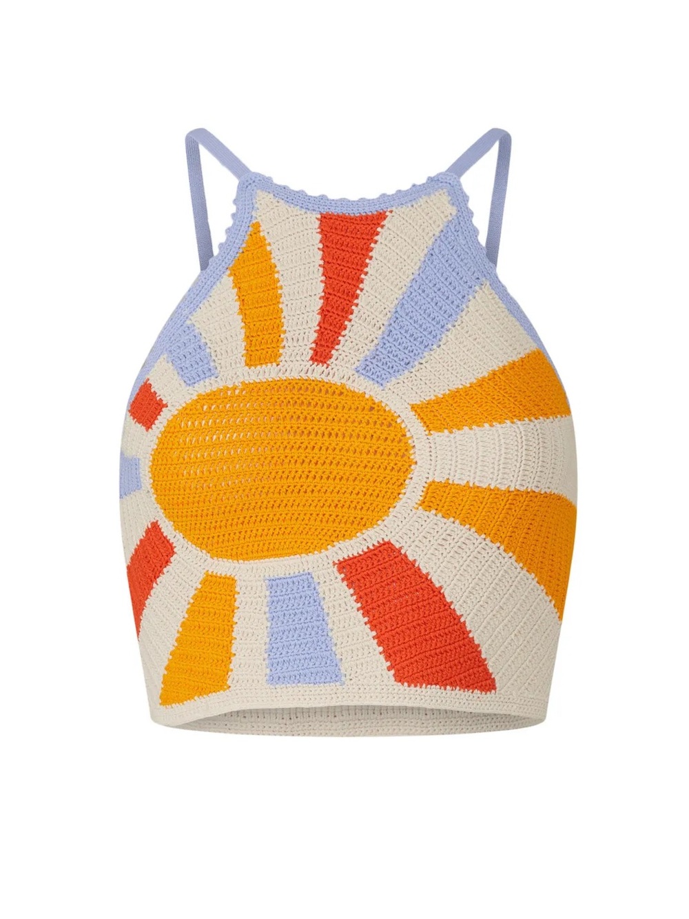 Sandro Crochet Sunburst Crop Top in Yellow, Orange, Red & Light Blue